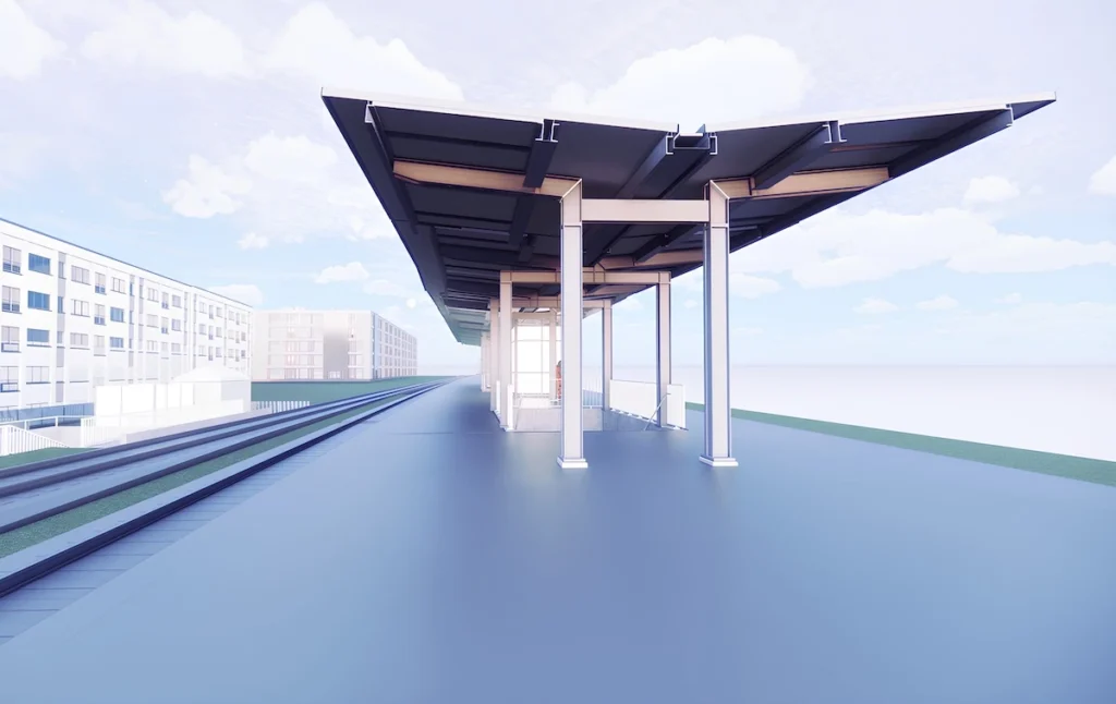 Visualisierung des geplanten Bahnsteigs an der Poccistraße. 